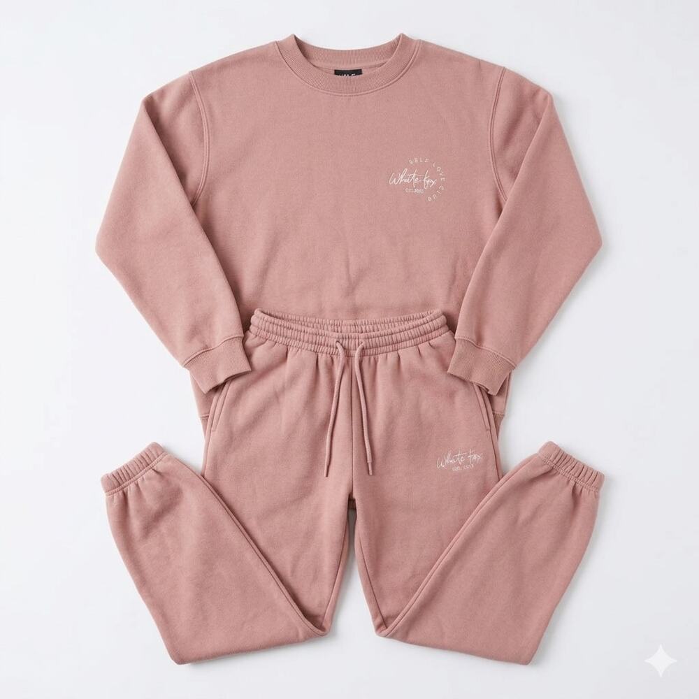 White Fox Sweatshirt & Jogger Set Womens Medium Pink Fleece Athleisure Lounge